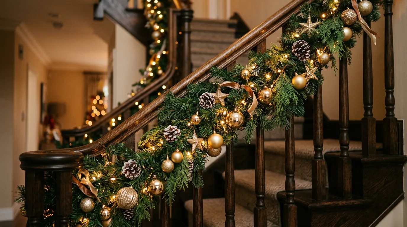 Use ribbon to add softness and movement down the stairs inspiration for a Christmas staircase.